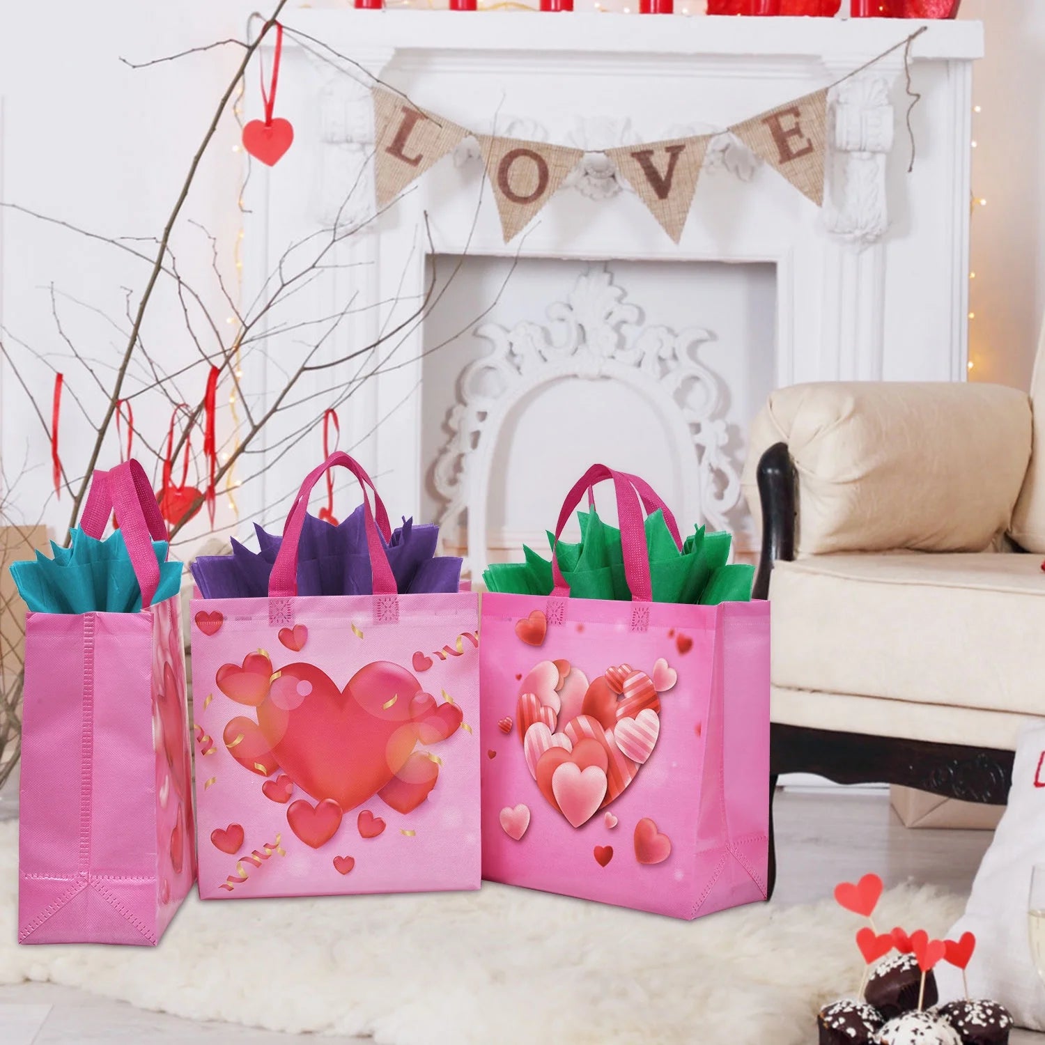 12PCS Happy Valentines Day Reusable Gift Bags, Treat Bags with Handles, Valentines Day Party Bags, Multifunctional Non-Woven Valentines Bags for Gifts Wrapping, Valentines Party Supplies(Red)