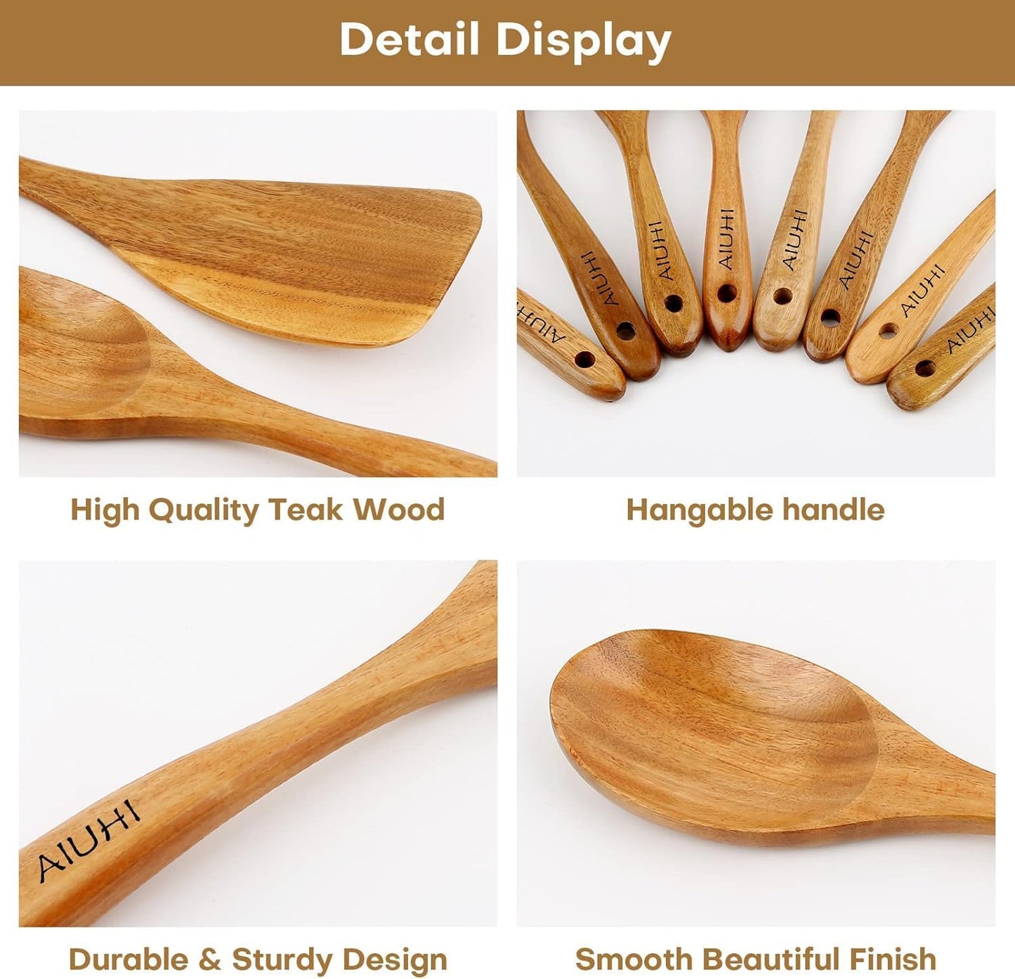 Teak Wood 8-Piece Wooden Kitchen Utensils Set, Wooden Spoons for Cooking, Smooth Wood Spatula Set for Nonstick Cookware, Daily Cooking, Housewarming Gift