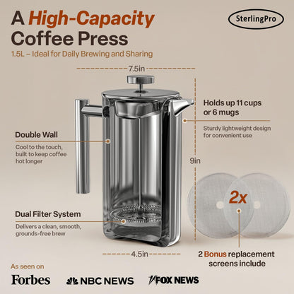 Large Insulated Stainless Steel French Press Coffee Maker 51Oz – Insulated Metal Big Double Wall Coffee Maker | Plastic Free | Cool-Touch | Mirror Finish | Makes up to 12 Cups / 6 Mugs