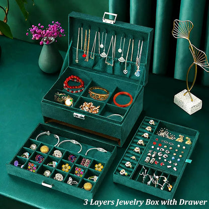 Jewelry Box for Women with Drawer, 3-Layer Large Jewelry Organizer with Lock & Key, 8 Necklace Hooks & 56 Earring Holes, Green Velvet Jewelry Storage Box for Necklaces Earrings Rings Bracelets