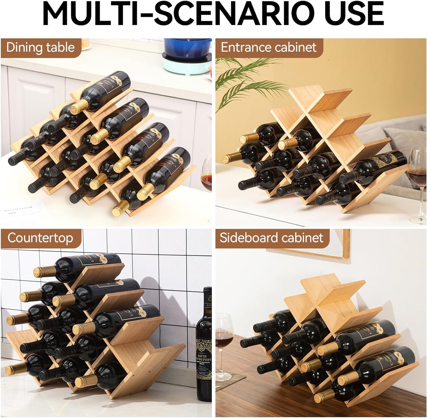 13-Bottle Wine Rack, 4-Tier Solid Wood Countertop Wine Holder, Freestanding Bottle Storage Shelf for Kitchen, Bar, Cabinet, Pantry, 22.28 X 5.9 X 13.9 In, XHJJ4-NA