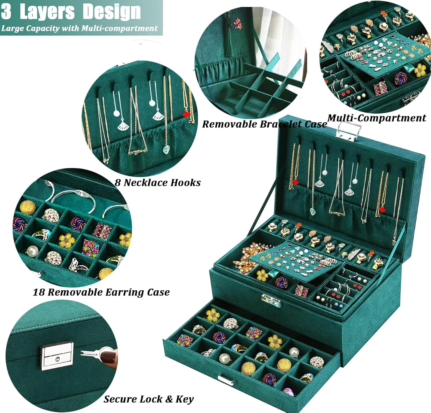 Jewelry Box for Women with Drawer, 3-Layer Large Jewelry Organizer with Lock & Key, 8 Necklace Hooks & 56 Earring Holes, Green Velvet Jewelry Storage Box for Necklaces Earrings Rings Bracelets