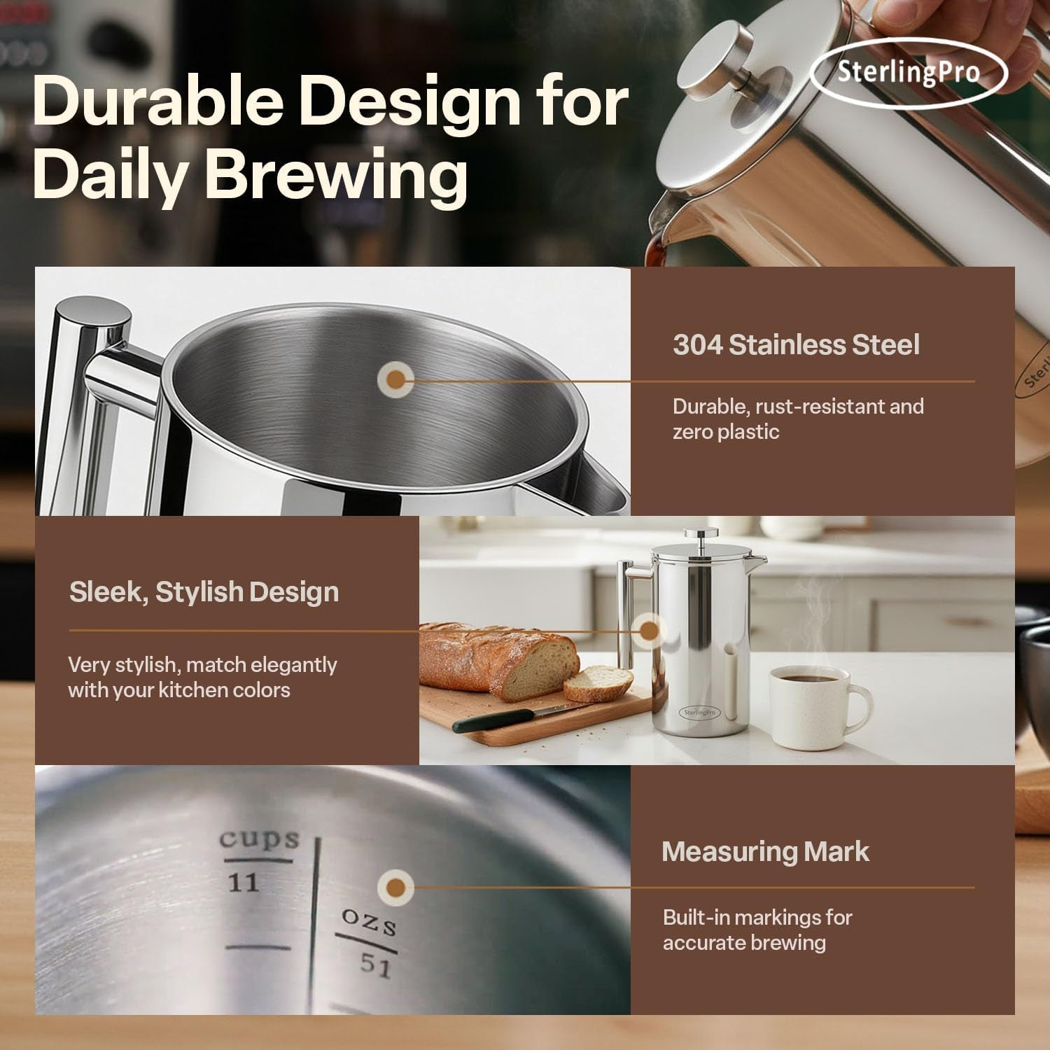 Large Insulated Stainless Steel French Press Coffee Maker 51Oz – Insulated Metal Big Double Wall Coffee Maker | Plastic Free | Cool-Touch | Mirror Finish | Makes up to 12 Cups / 6 Mugs