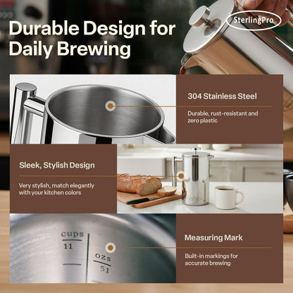 Large Insulated Stainless Steel French Press Coffee Maker 51Oz – Insulated Metal Big Double Wall Coffee Maker | Plastic Free | Cool-Touch | Mirror Finish | Makes up to 12 Cups / 6 Mugs