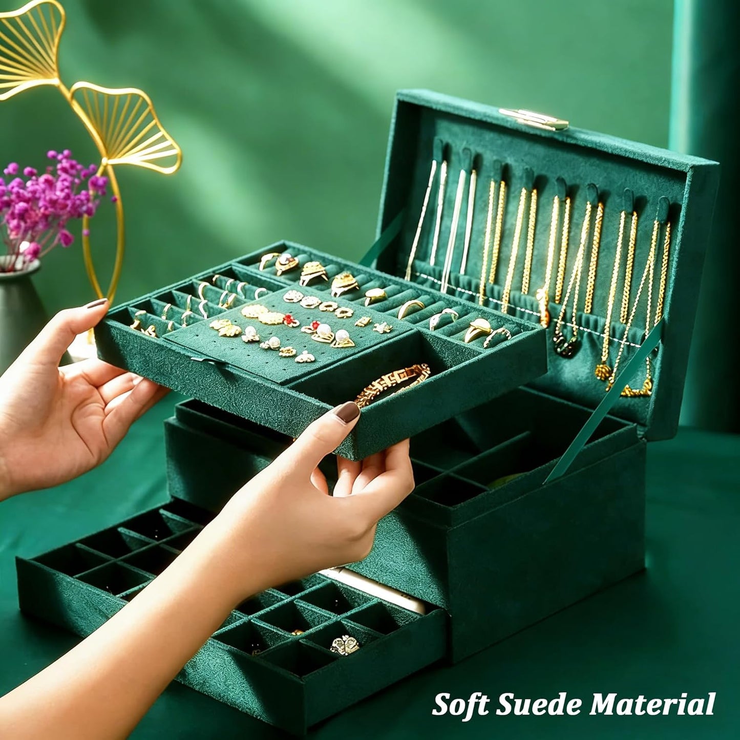 Jewelry Box for Women with Drawer, 3-Layer Large Jewelry Organizer with Lock & Key, 8 Necklace Hooks & 56 Earring Holes, Green Velvet Jewelry Storage Box for Necklaces Earrings Rings Bracelets