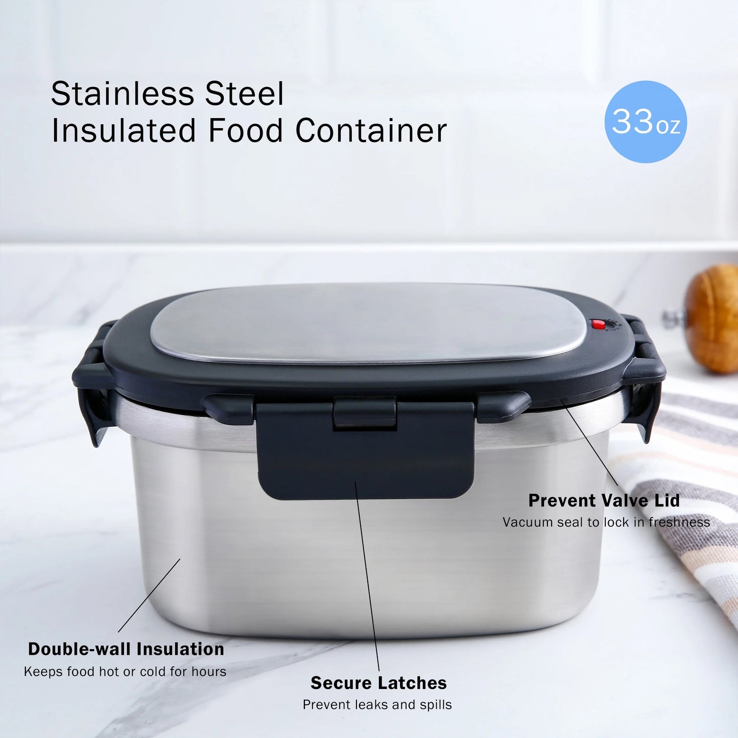33 Oz Insulated 2-Piece Stainless Steel Lunch Box Food Storage Container with Lid