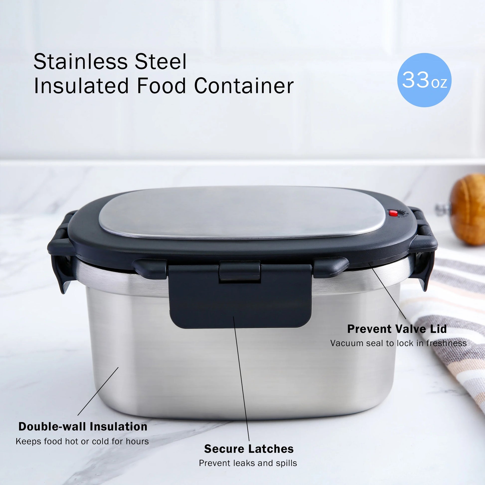 33 Oz Insulated 2-Piece Stainless Steel Lunch Box Food Storage Container with Lid