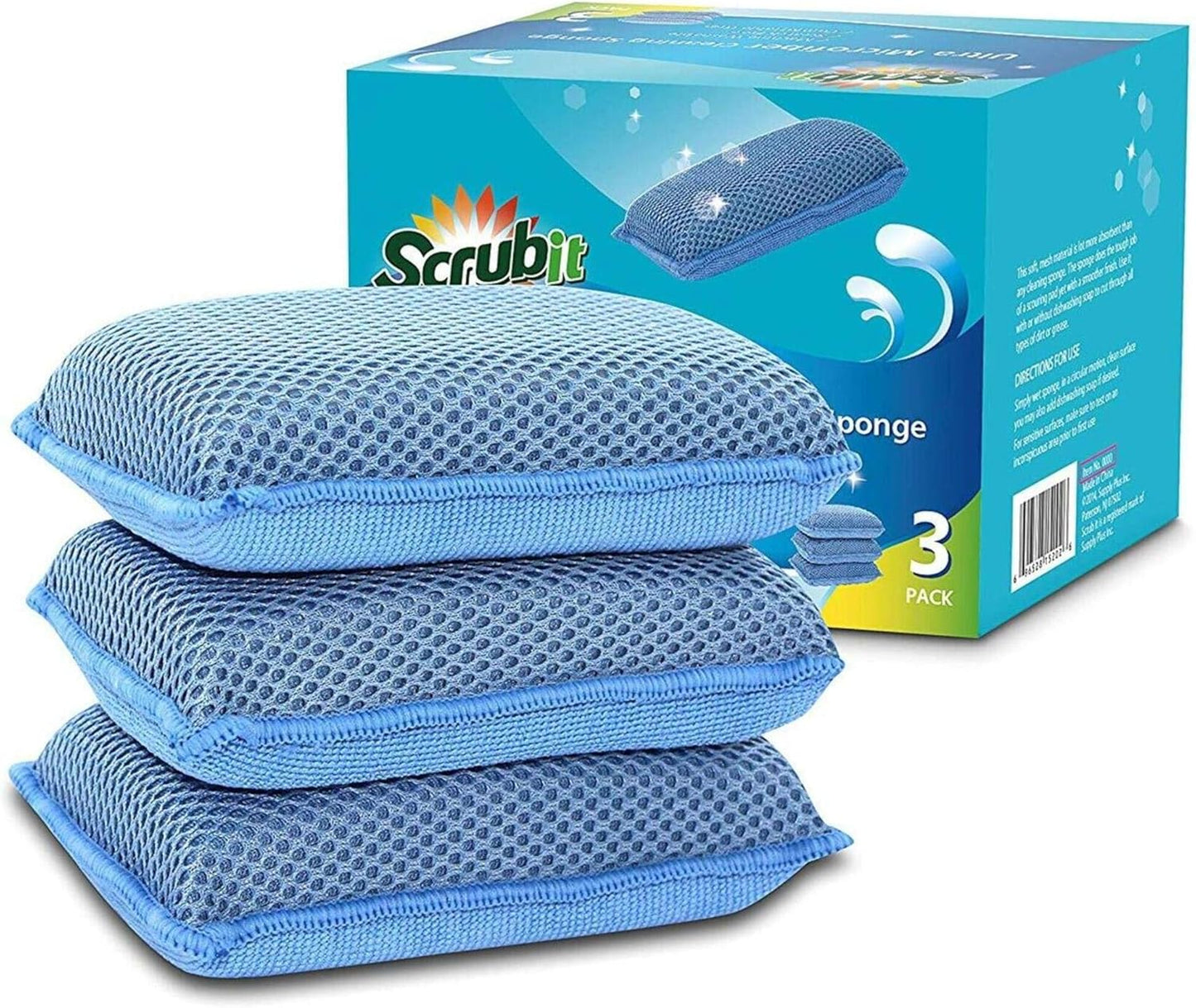 Miracle Microfiber Kitchen Sponge by Scrub-It - Non-Scratch Heavy Duty Dishwashing Cleaning Sponges- Machine Washable - (Blue)