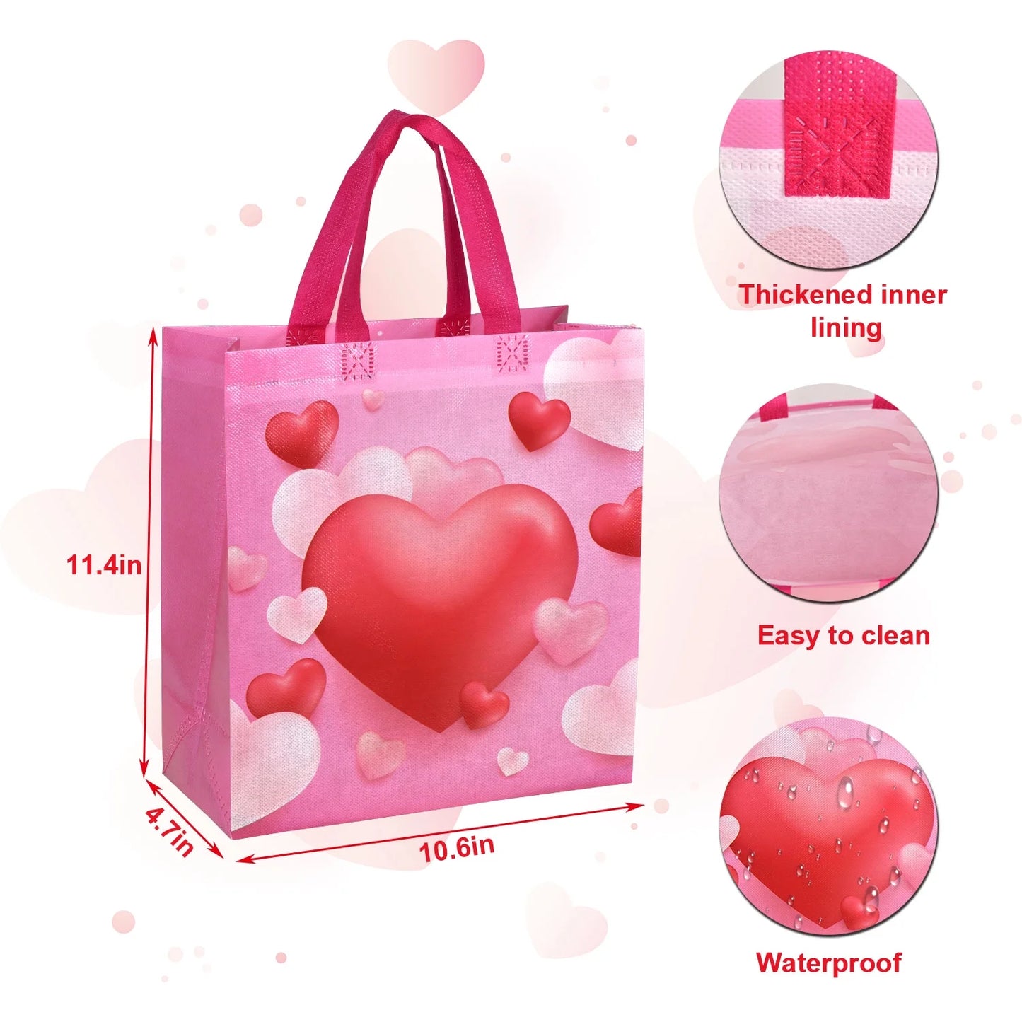 12PCS Happy Valentines Day Reusable Gift Bags, Treat Bags with Handles, Valentines Day Party Bags, Multifunctional Non-Woven Valentines Bags for Gifts Wrapping, Valentines Party Supplies(Red)