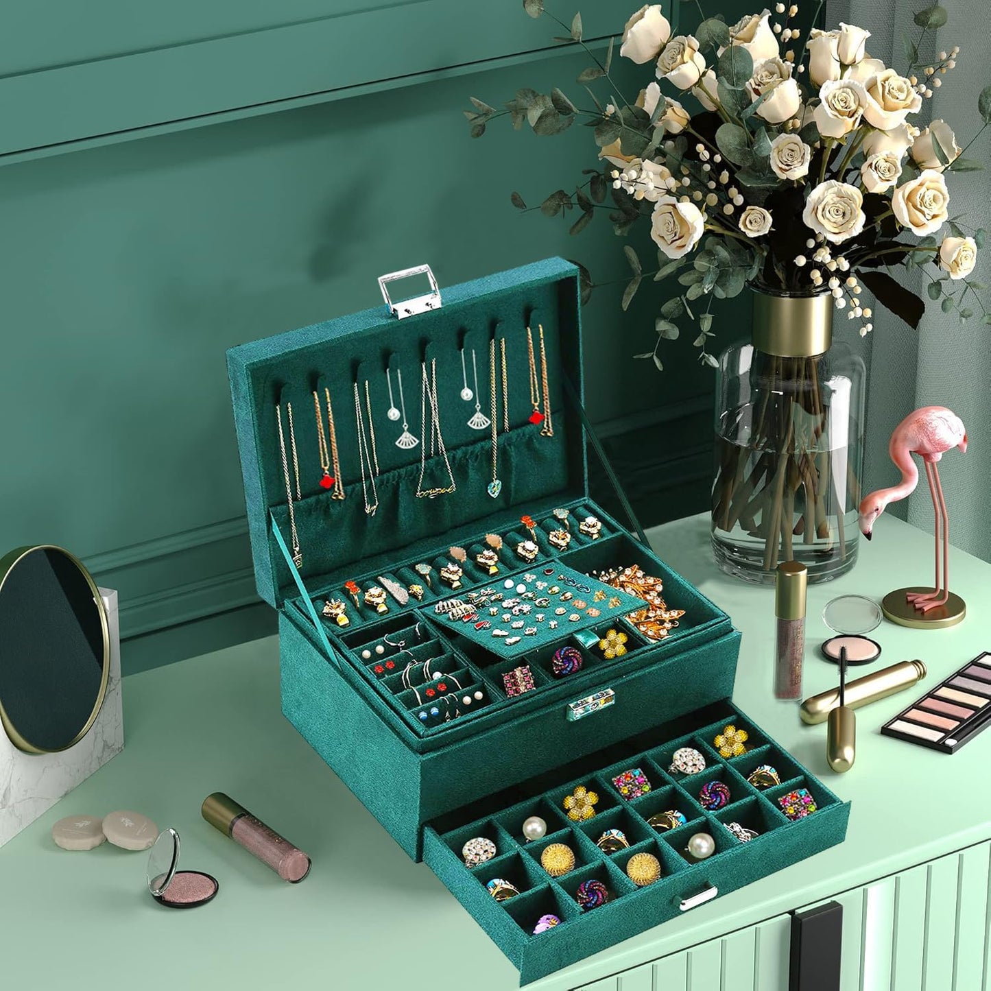Jewelry Box for Women with Drawer, 3-Layer Large Jewelry Organizer with Lock & Key, 8 Necklace Hooks & 56 Earring Holes, Green Velvet Jewelry Storage Box for Necklaces Earrings Rings Bracelets