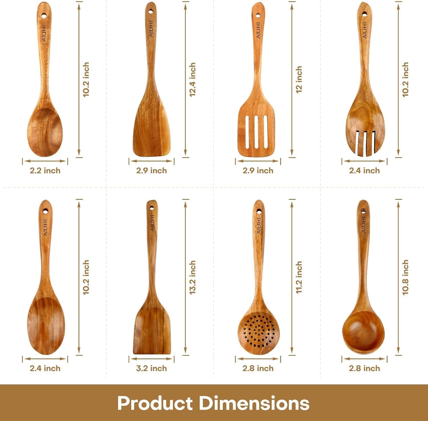 Teak Wood 8-Piece Wooden Kitchen Utensils Set, Wooden Spoons for Cooking, Smooth Wood Spatula Set for Nonstick Cookware, Daily Cooking, Housewarming Gift