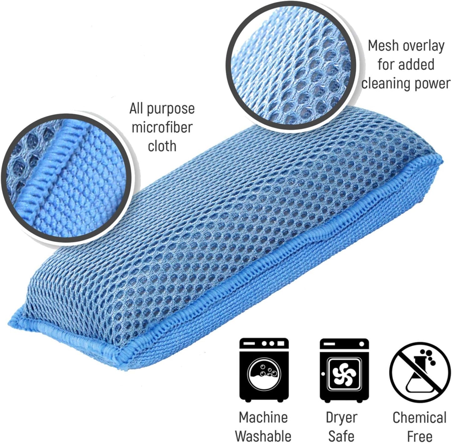 Miracle Microfiber Kitchen Sponge by Scrub-It - Non-Scratch Heavy Duty Dishwashing Cleaning Sponges- Machine Washable - (Blue)