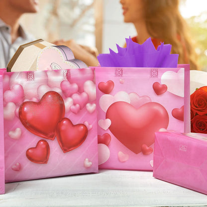 12PCS Happy Valentines Day Reusable Gift Bags, Treat Bags with Handles, Valentines Day Party Bags, Multifunctional Non-Woven Valentines Bags for Gifts Wrapping, Valentines Party Supplies(Red)