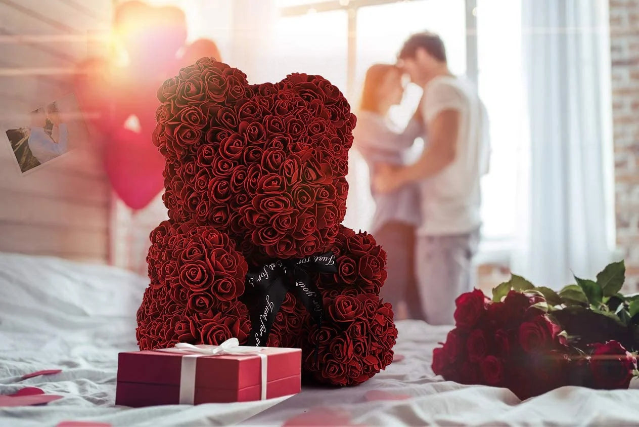 Royal Blue Artificial Rose Flower Bear 10 Inch Wedding Party Decoration Gift Box