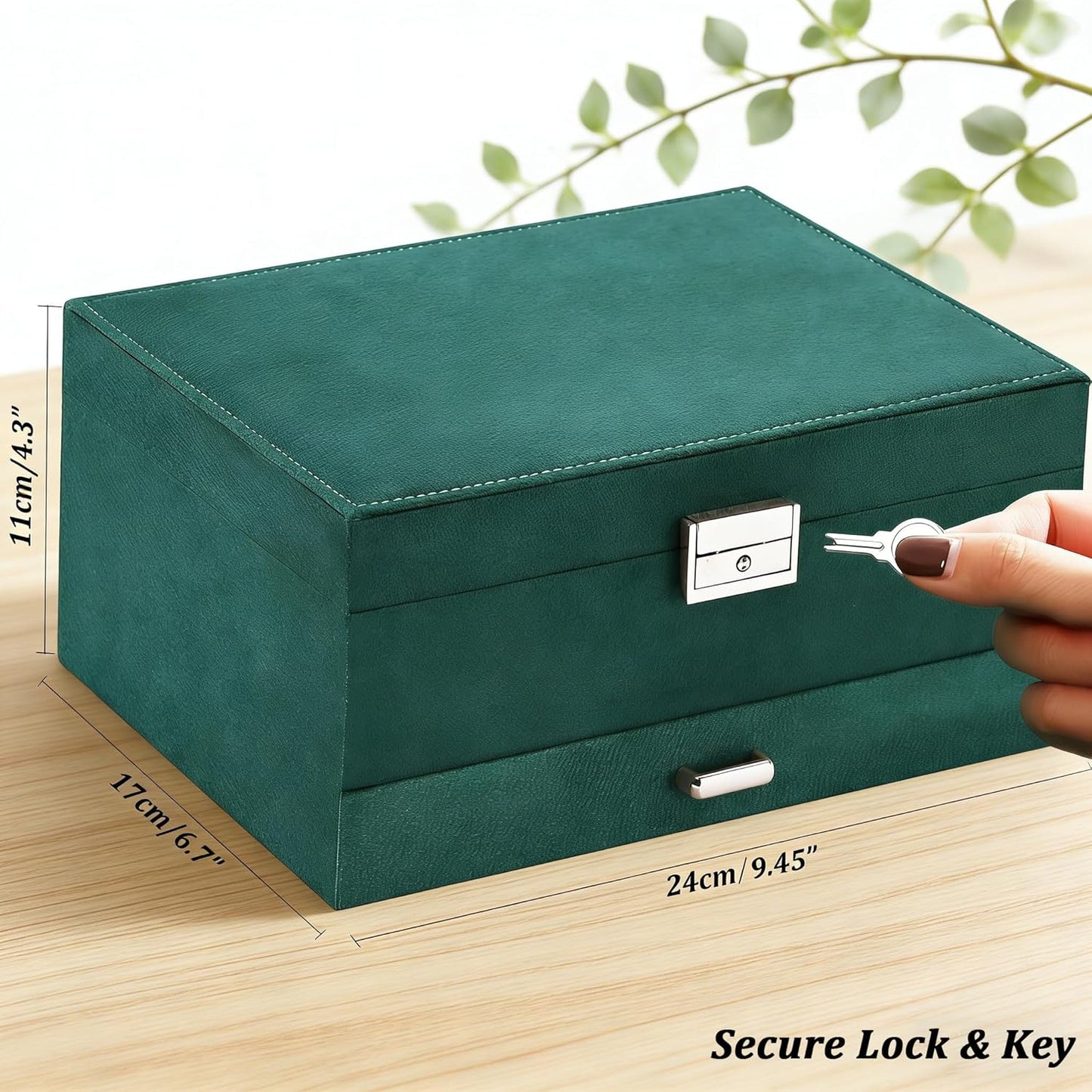 Jewelry Box for Women with Drawer, 3-Layer Large Jewelry Organizer with Lock & Key, 8 Necklace Hooks & 56 Earring Holes, Green Velvet Jewelry Storage Box for Necklaces Earrings Rings Bracelets