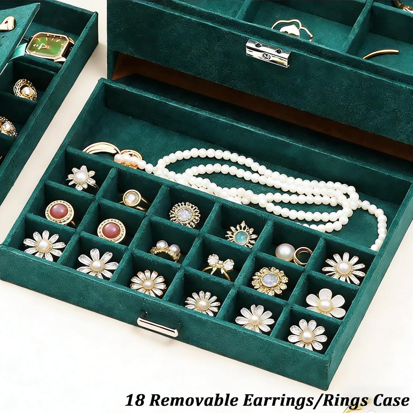 Jewelry Box for Women with Drawer, 3-Layer Large Jewelry Organizer with Lock & Key, 8 Necklace Hooks & 56 Earring Holes, Green Velvet Jewelry Storage Box for Necklaces Earrings Rings Bracelets