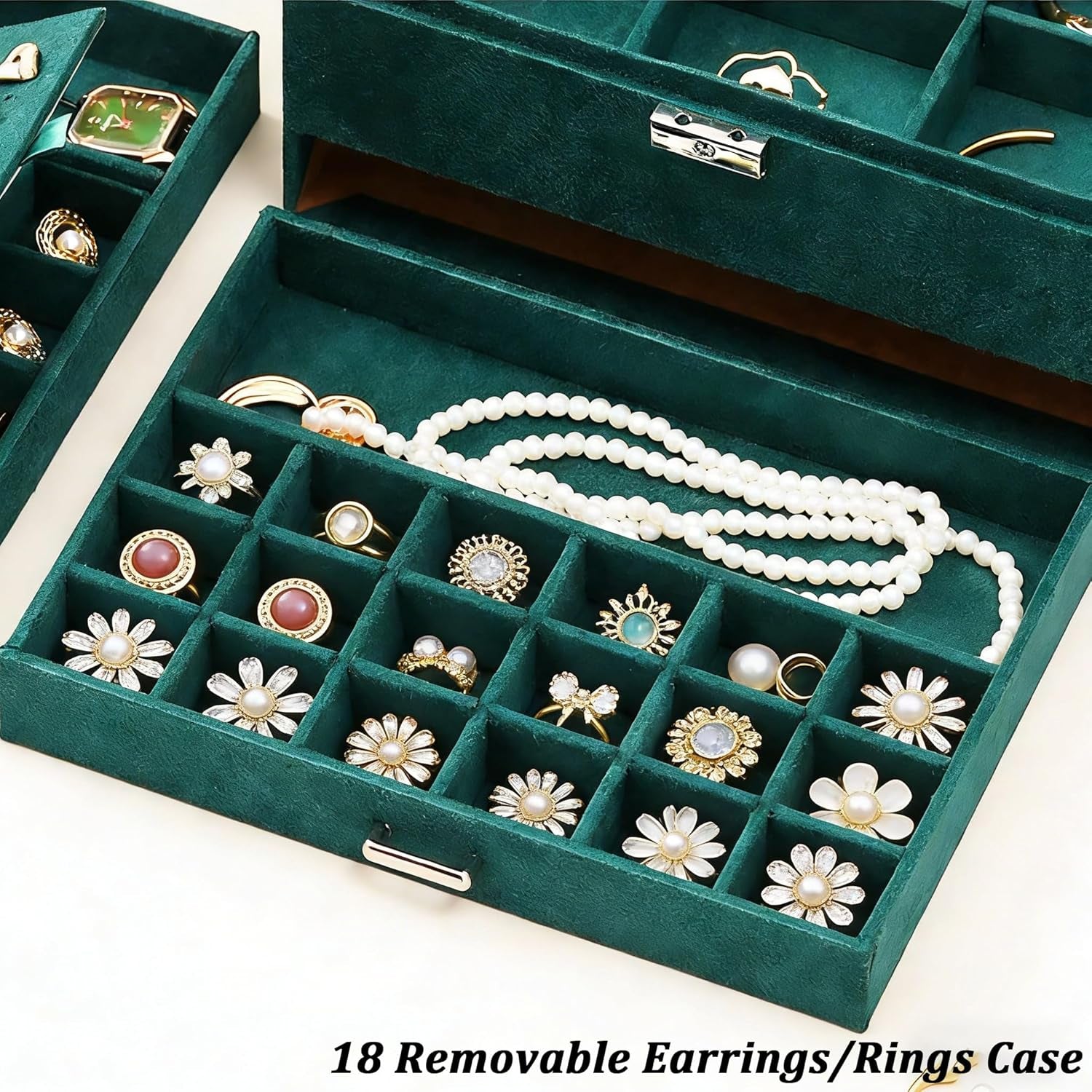 Jewelry Box for Women with Drawer, 3-Layer Large Jewelry Organizer with Lock & Key, 8 Necklace Hooks & 56 Earring Holes, Green Velvet Jewelry Storage Box for Necklaces Earrings Rings Bracelets