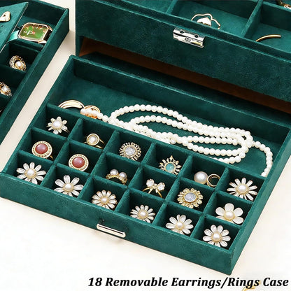 Jewelry Box for Women with Drawer, 3-Layer Large Jewelry Organizer with Lock & Key, 8 Necklace Hooks & 56 Earring Holes, Green Velvet Jewelry Storage Box for Necklaces Earrings Rings Bracelets