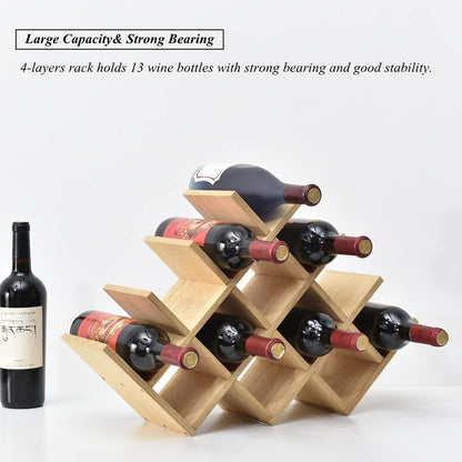 13-Bottle Wine Rack, 4-Tier Solid Wood Countertop Wine Holder, Freestanding Bottle Storage Shelf for Kitchen, Bar, Cabinet, Pantry, 22.28 X 5.9 X 13.9 In, XHJJ4-NA