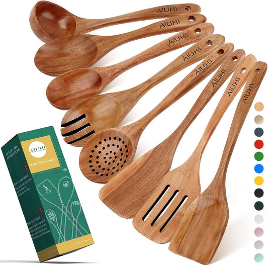 Teak Wood 8-Piece Wooden Kitchen Utensils Set, Wooden Spoons for Cooking, Smooth Wood Spatula Set for Nonstick Cookware, Daily Cooking, Housewarming Gift