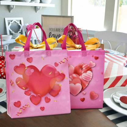 12PCS Happy Valentines Day Reusable Gift Bags, Treat Bags with Handles, Valentines Day Party Bags, Multifunctional Non-Woven Valentines Bags for Gifts Wrapping, Valentines Party Supplies(Red)