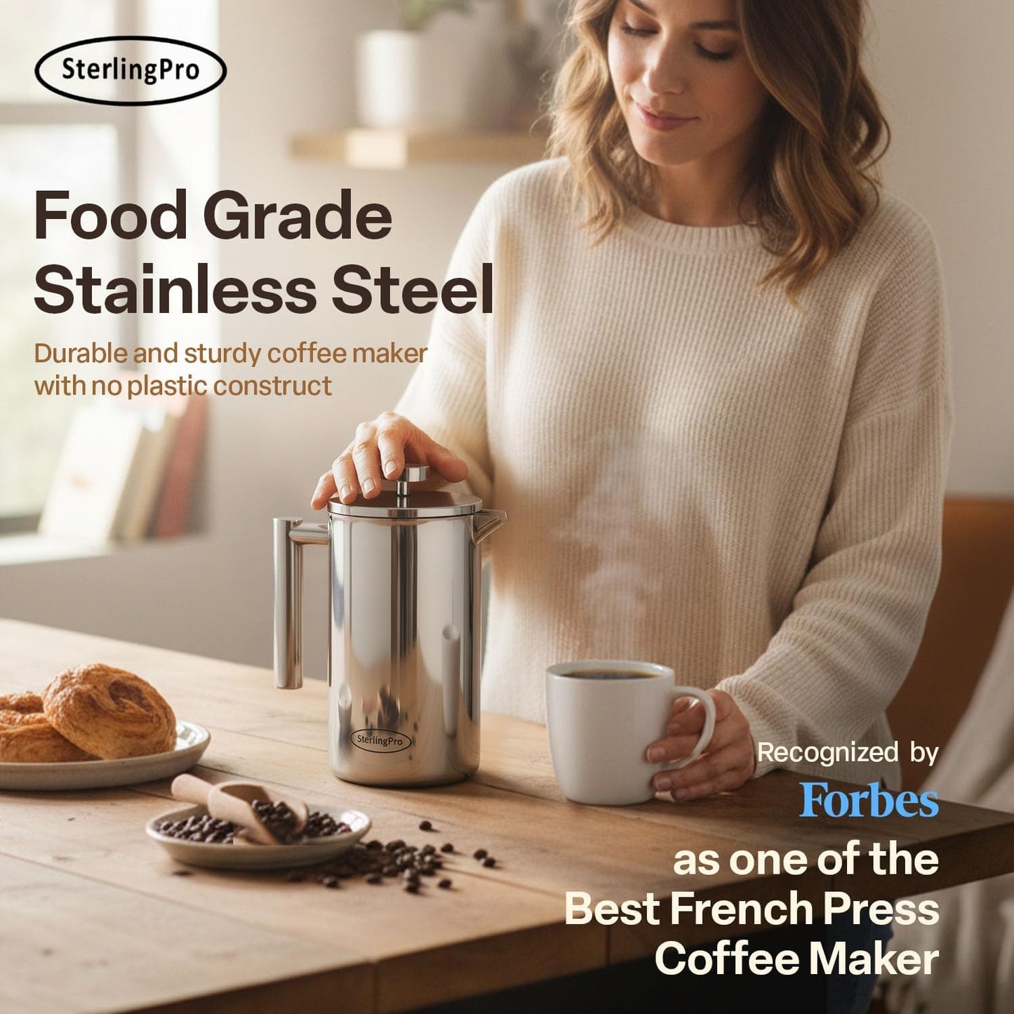 Large Insulated Stainless Steel French Press Coffee Maker 51Oz – Insulated Metal Big Double Wall Coffee Maker | Plastic Free | Cool-Touch | Mirror Finish | Makes up to 12 Cups / 6 Mugs