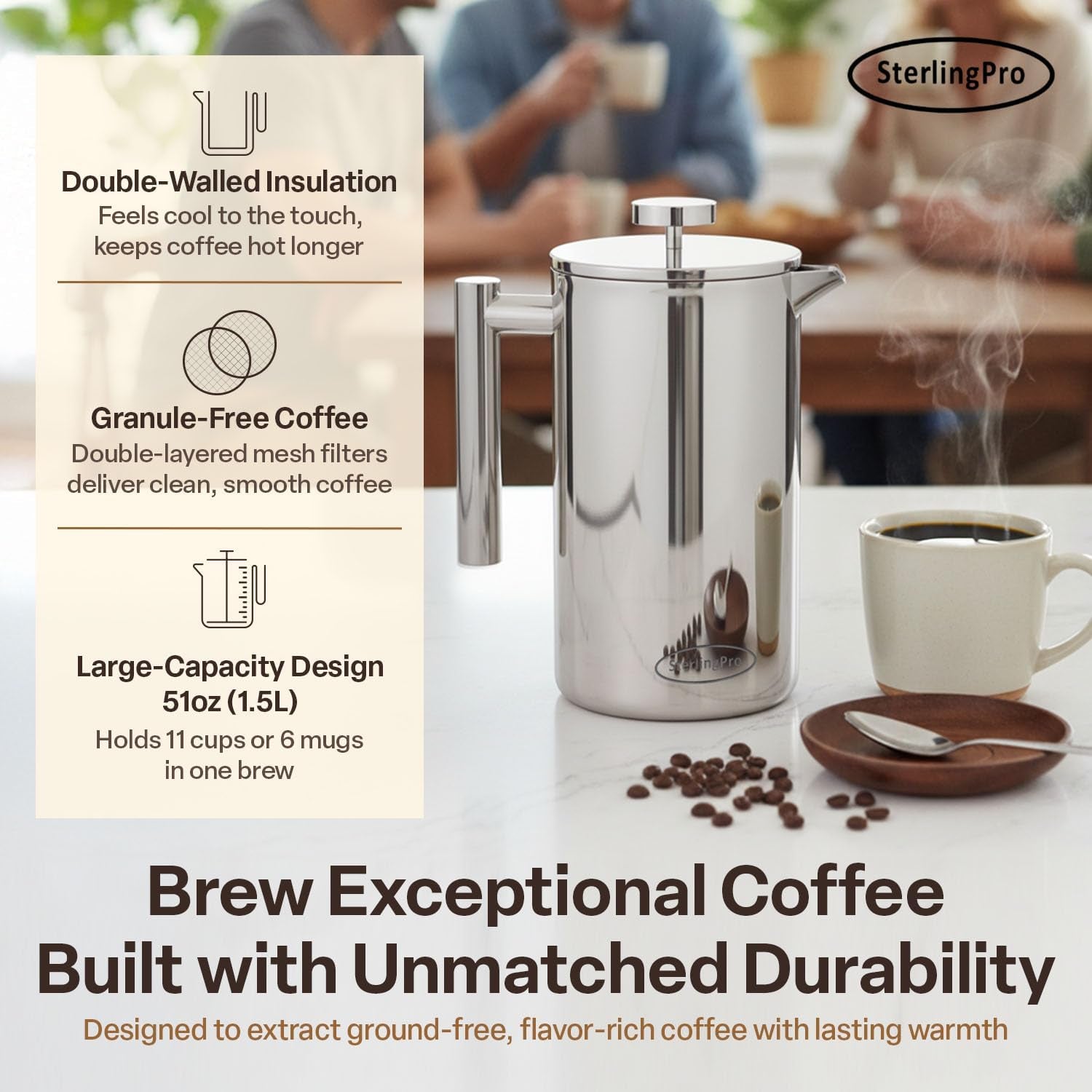 Large Insulated Stainless Steel French Press Coffee Maker 51Oz – Insulated Metal Big Double Wall Coffee Maker | Plastic Free | Cool-Touch | Mirror Finish | Makes up to 12 Cups / 6 Mugs