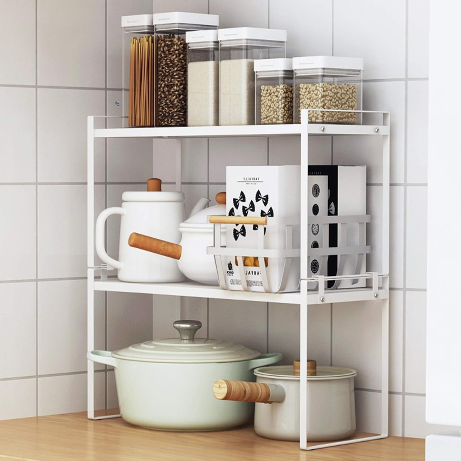 2 Pack Kitchen Cabinet Shelf Counter Organizer Rack Pantry Storage Bathroom Bedroom Office Table Desk Space Saving Steel Frame Stackable Rust Resistant Non Slip White