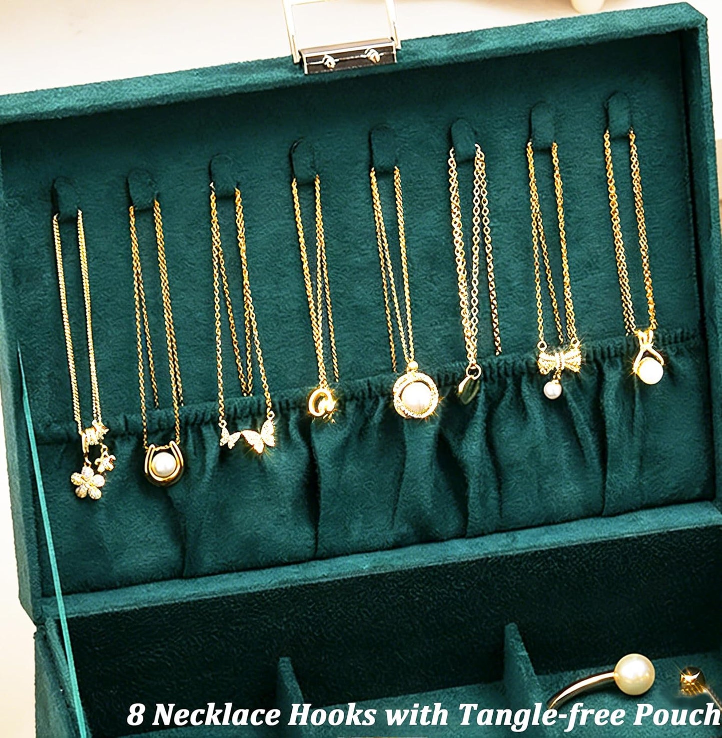 Jewelry Box for Women with Drawer, 3-Layer Large Jewelry Organizer with Lock & Key, 8 Necklace Hooks & 56 Earring Holes, Green Velvet Jewelry Storage Box for Necklaces Earrings Rings Bracelets