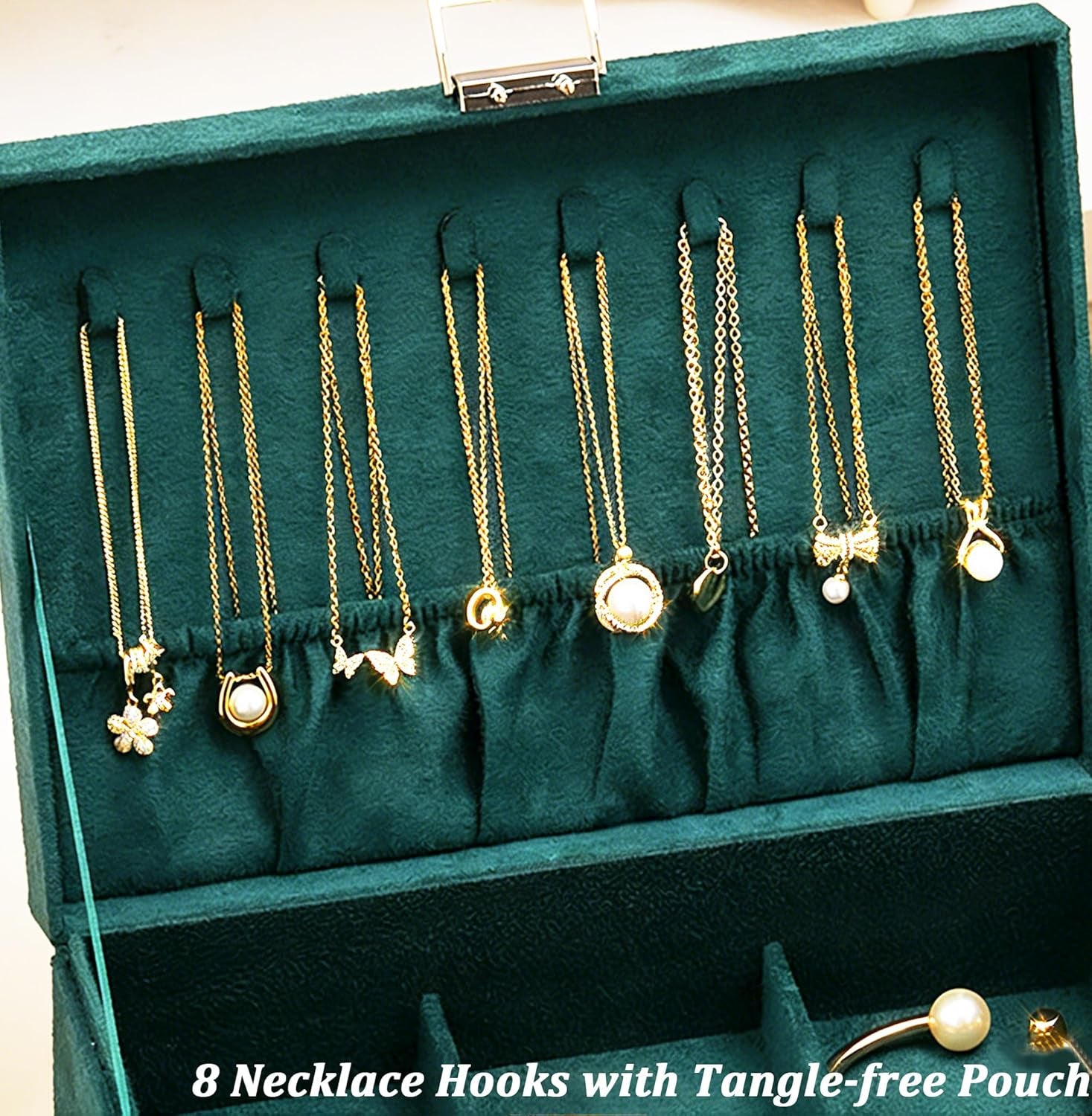 Jewelry Box for Women with Drawer, 3-Layer Large Jewelry Organizer with Lock & Key, 8 Necklace Hooks & 56 Earring Holes, Green Velvet Jewelry Storage Box for Necklaces Earrings Rings Bracelets