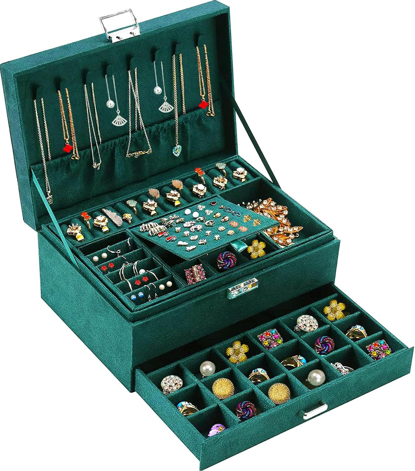Jewelry Box for Women with Drawer, 3-Layer Large Jewelry Organizer with Lock & Key, 8 Necklace Hooks & 56 Earring Holes, Green Velvet Jewelry Storage Box for Necklaces Earrings Rings Bracelets