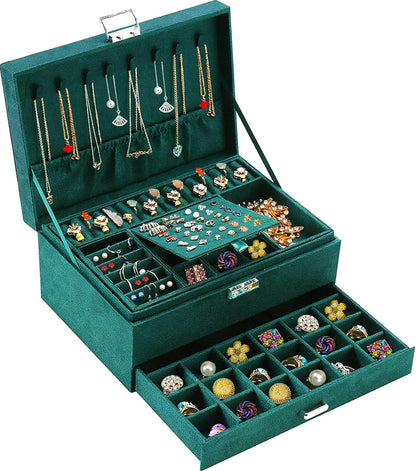 Jewelry Box for Women with Drawer, 3-Layer Large Jewelry Organizer with Lock & Key, 8 Necklace Hooks & 56 Earring Holes, Green Velvet Jewelry Storage Box for Necklaces Earrings Rings Bracelets