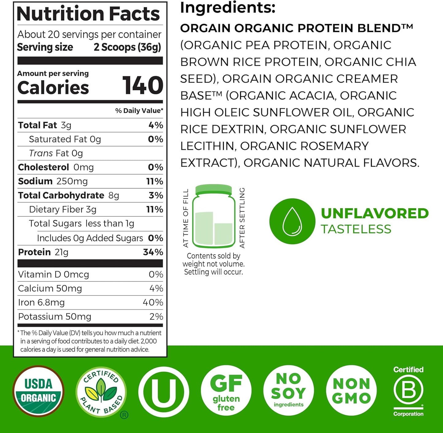 Organic Vegan Protein Powder, Natural Unsweetened - 21G of Unflavored Plant Protein, 4G Prebiotic Fiber, Low Net Carbs, No Added Sugar, Non-Gmo, for Shakes & Recipes, 1.59 Lb