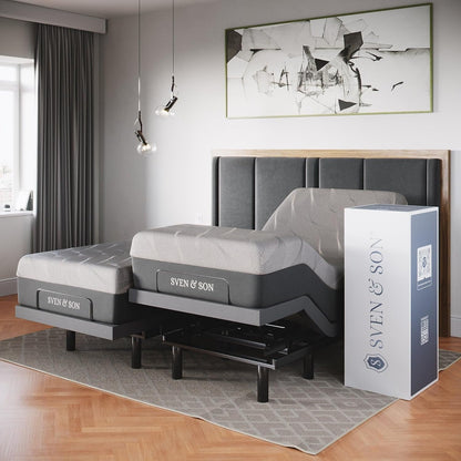 Sven & Son Classic Adjustable Bed Base, Head and Foot Lift, Massage, Under-Bed Lights, USB, Gel Memory, Zero Gravity Smart Frame - Split King + 14 Inch Hybrid Spring Matt (Medium Soft)