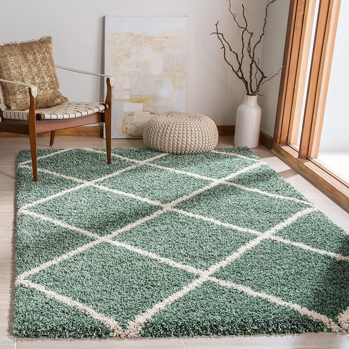 SAFAVIEH Hudson Shag Collection Area Rug - 7' Square, Green & Ivory, Modern Trellis Design, Non-Shedding & Easy Care, 2-Inch Thick Ideal for High Traffic Areas in Living Room, Bedroom (SGH281Y)