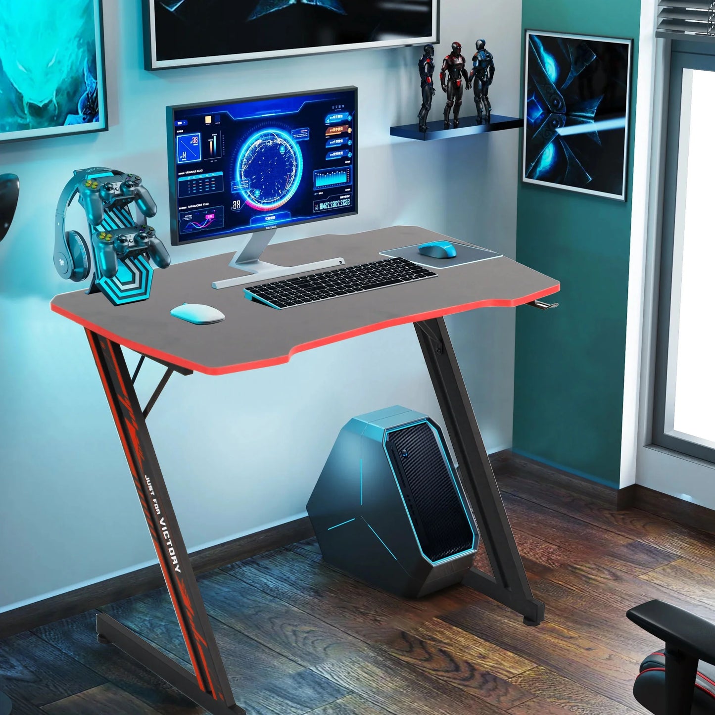 ,Gaming Computer Desks,Gaming Pc Desk,Computer Table Desk,Headphone Hook,Z-Shaped Steel Leg,35 Inch,Blue and Red