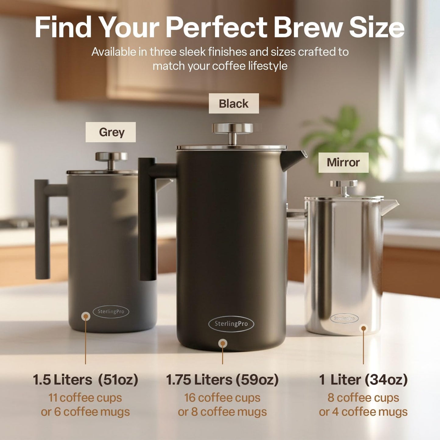 Large Insulated Stainless Steel French Press Coffee Maker 51Oz – Insulated Metal Big Double Wall Coffee Maker | Plastic Free | Cool-Touch | Mirror Finish | Makes up to 12 Cups / 6 Mugs