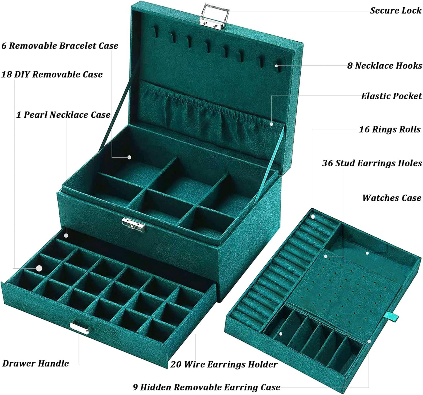 Jewelry Box for Women with Drawer, 3-Layer Large Jewelry Organizer with Lock & Key, 8 Necklace Hooks & 56 Earring Holes, Green Velvet Jewelry Storage Box for Necklaces Earrings Rings Bracelets