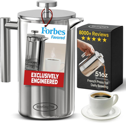 Large Insulated Stainless Steel French Press Coffee Maker 51Oz – Insulated Metal Big Double Wall Coffee Maker | Plastic Free | Cool-Touch | Mirror Finish | Makes up to 12 Cups / 6 Mugs